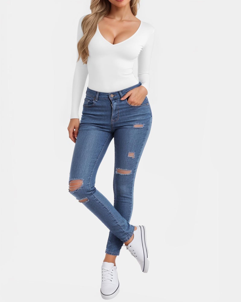 CLOZOZ Long Sleeve Shirts for Women Sexy V Neck Tops Fitted Tight T Shirts Basic Tee - Image 4